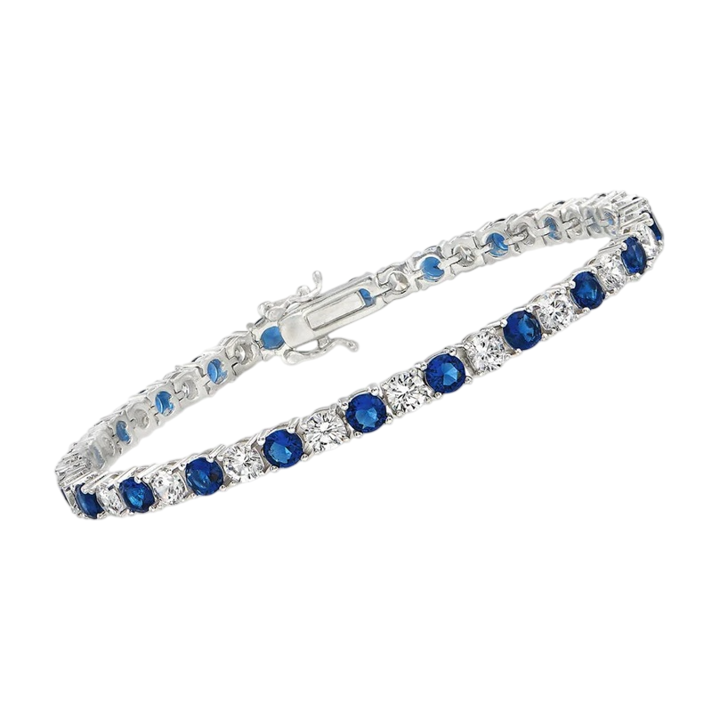 A silver tennis bracelet featuring alternating round blue and clear gemstones, secured with a clasp.