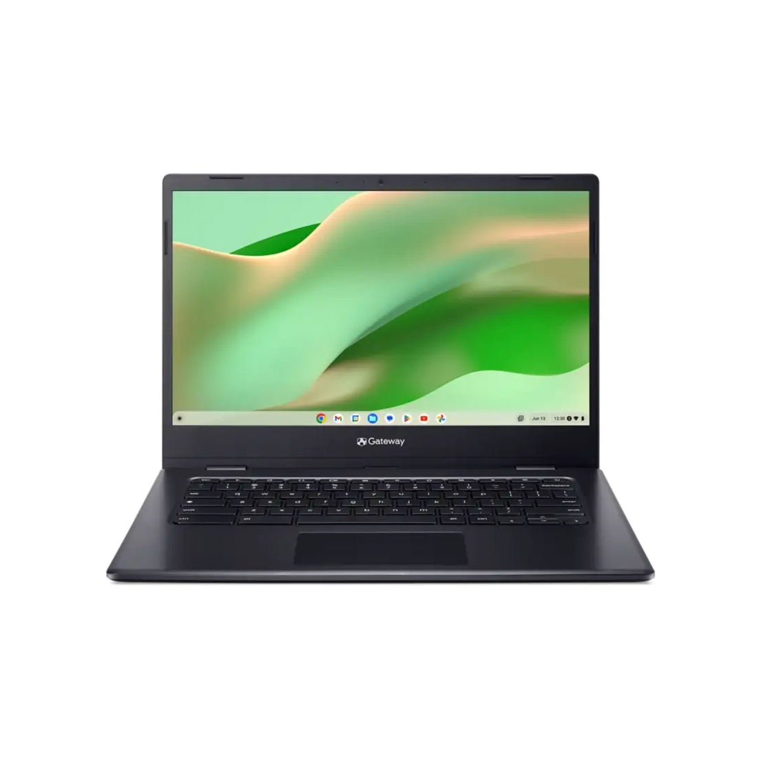 A Gateway laptop with a black exterior, featuring a 14-inch display showing a green abstract wallpaper, with Chrome OS interface visible on screen.