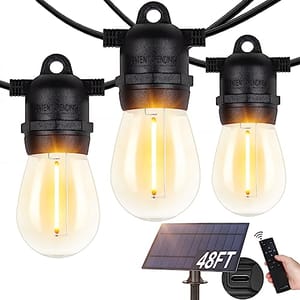 This is a set of 48-foot LED Edison-style string lights, featuring large vintage bulbs with visible filaments, and comes with a solar panel and remote control.