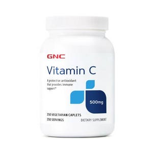 GNC Vitamin C supplement, 500mg, with 250 vegetarian caplets, offering antioxidant and immune support.