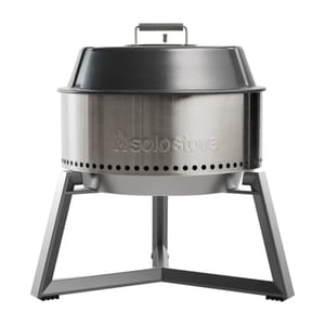 Solo Stove Ultimate Bundle: A smokeless fire pit with a stainless steel design, featuring a black lid and sturdy tripod stand, ideal for outdoor use.