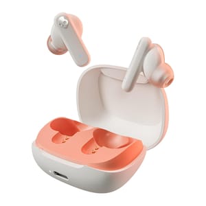 Wireless earbuds in peach color come with a charging case; the earbuds feature a sleek design with in-ear tips and an external arm.