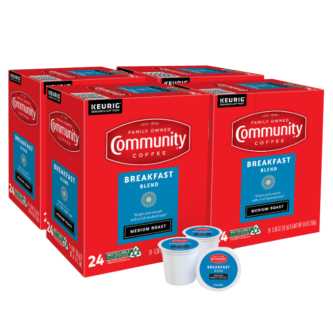Boxes of Community Coffee Breakfast Blend Medium Roast K-Cup Pods are shown, each containing 24 recyclable pods compatible with Keurig machines.