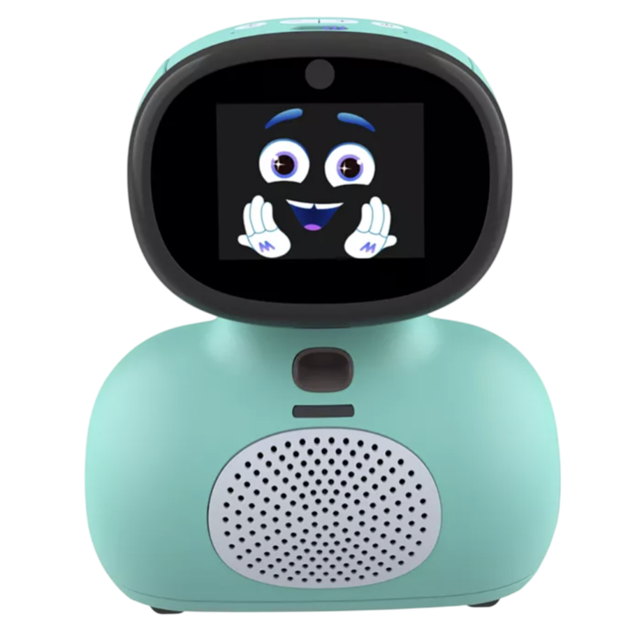 A turquoise interactive robot toy with a digital face display showing animated eyes and hands, featuring a built-in speaker.