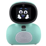 A turquoise interactive robot toy with a digital face display showing animated eyes and hands, featuring a built-in speaker.