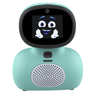 A turquoise interactive robot toy with a digital face display showing animated eyes and hands, featuring a built-in speaker.