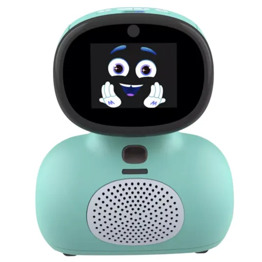 A turquoise interactive robot toy with a digital face display showing animated eyes and hands, featuring a built-in speaker.