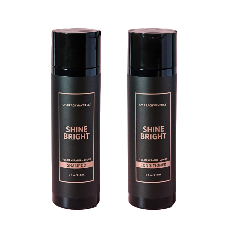 Beachwaver Shine Bright Shampoo and Conditioner feature vegan keratin and argan oil, each in an 8 fl oz (240 mL) bottle.