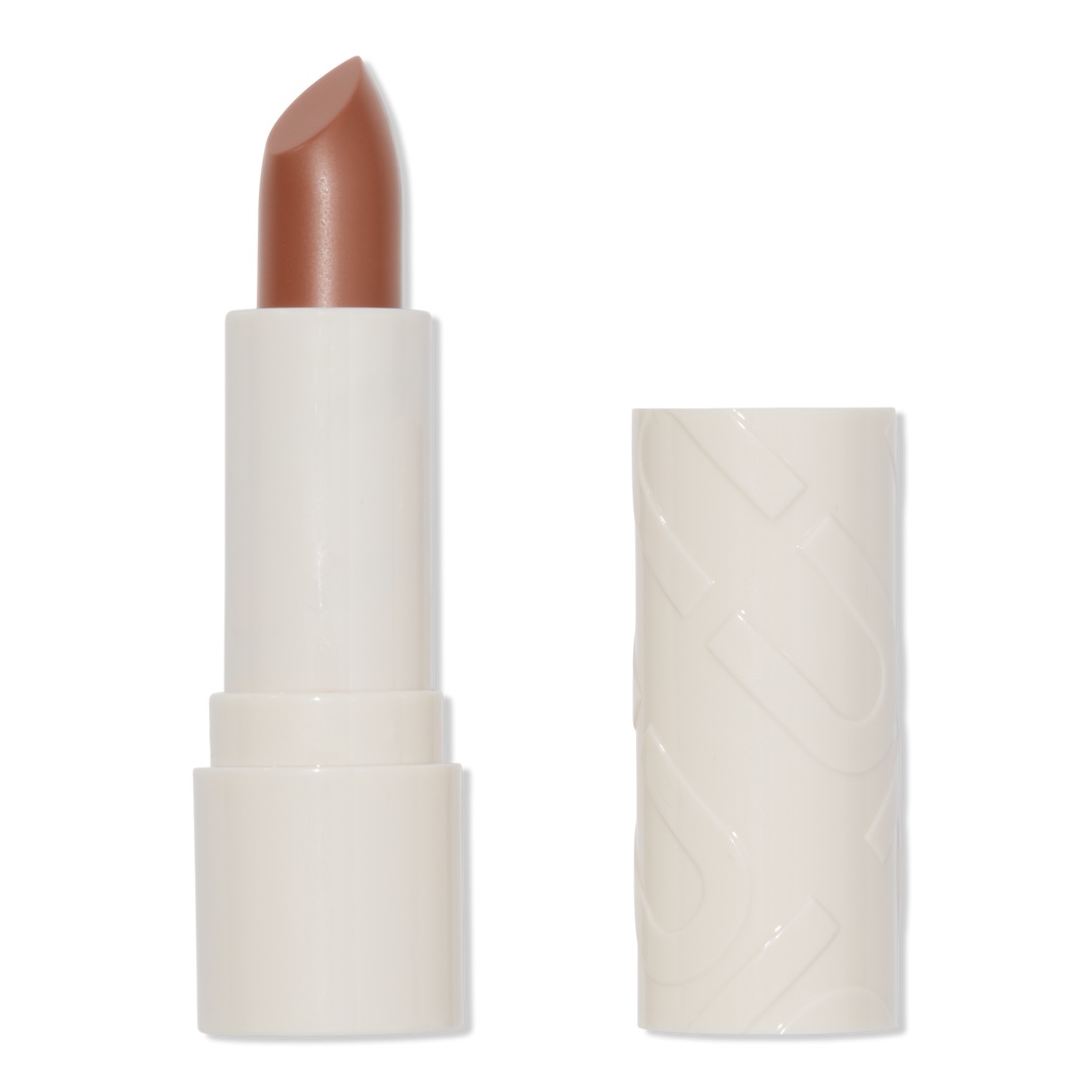 A nude lipstick with a creamy texture, housed in an off-white tube with a matching embossed cap.