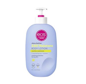 Eos Vanilla Cashmere Body Lotion, in a blue bottle with a white pump, touts shea butter 24H moisture and lists 7 nourishing oils and butters for dry skin.