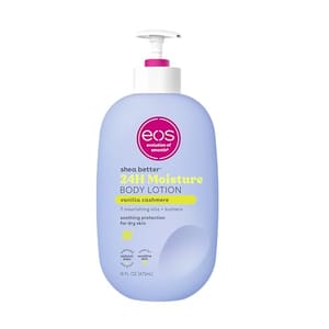 Eos Vanilla Cashmere Body Lotion, in a blue bottle with a white pump, touts shea butter 24H moisture and lists 7 nourishing oils and butters for dry skin.