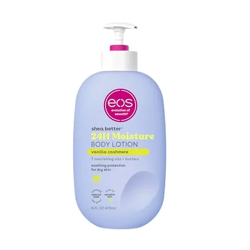 Eos Vanilla Cashmere Body Lotion, in a blue bottle with a white pump, touts shea butter 24H moisture and lists 7 nourishing oils and butters for dry skin.