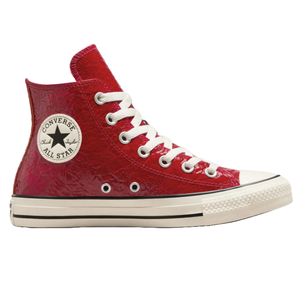 Red Converse Chuck Taylor All Star high-top sneaker featuring crinkled leather texture, with white laces, a classic rubber toe cap, and the iconic Converse All Star patch on the side.