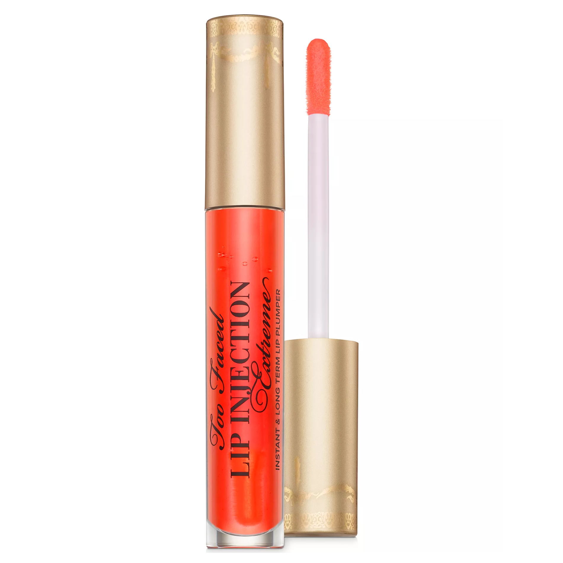 Too Faced Lip Injection Extreme in a bright orange shade with a gold cap and applicator wand, designed as an instant and long-term lip plumper.