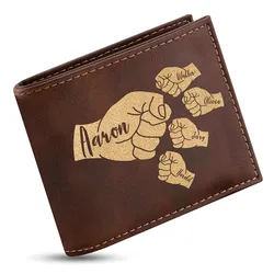 A brown leather wallet features an engraved design of fist bumps, each labeled with names: Aaron, Walter, Olivia, Jerry, and Harold, in decorative script.
