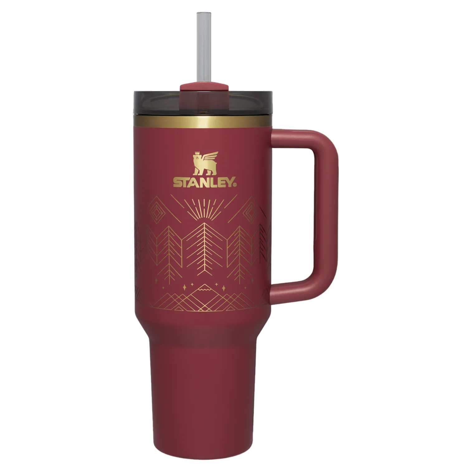 Stanley insulated travel mug with a handle, maroon color, gold design, and straw top.