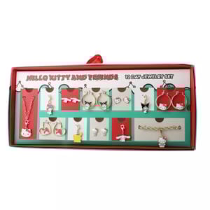 Hello Kitty and Friends themed 12-day jewelry set including necklaces, earrings, and a bracelet with character pendants and charms.
