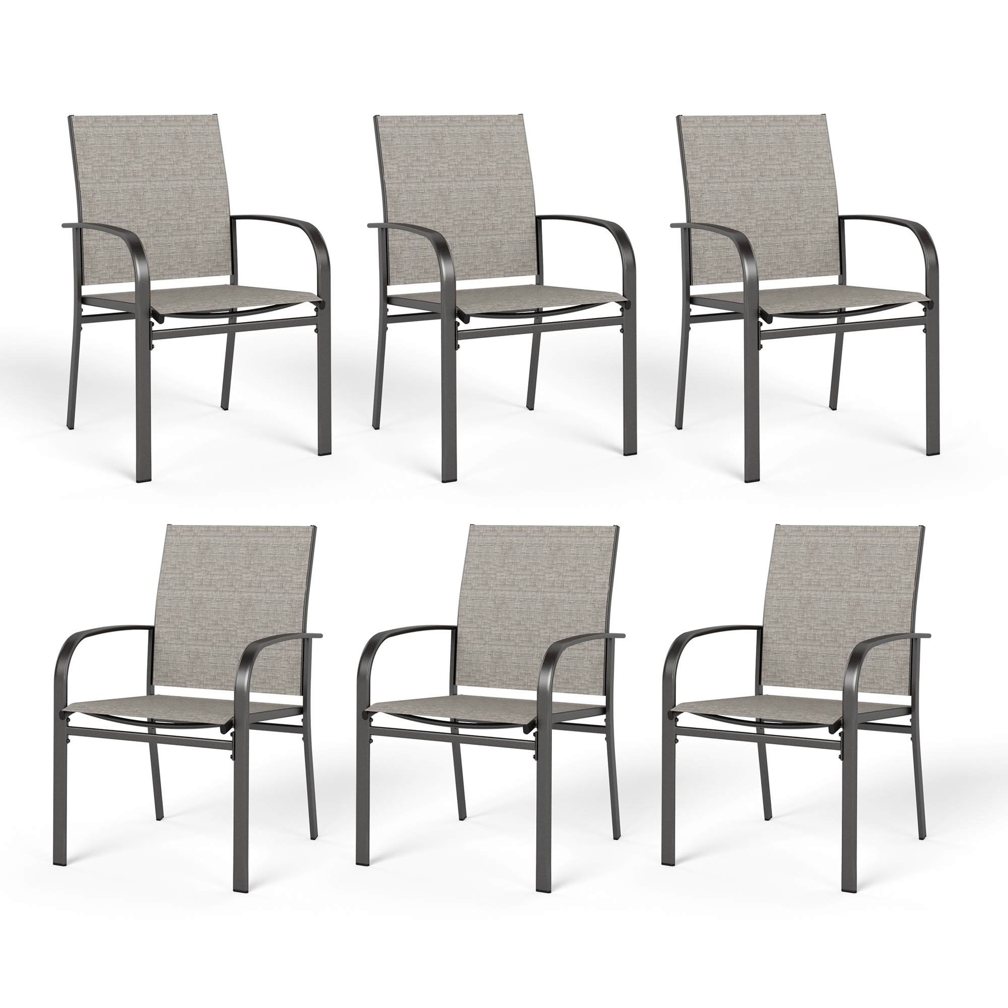Set of six outdoor chairs with beige fabric seats and black metal frames, featuring armrests and a simple, modern design.