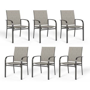 Set of six outdoor chairs with beige fabric seats and black metal frames, featuring armrests and a simple, modern design.