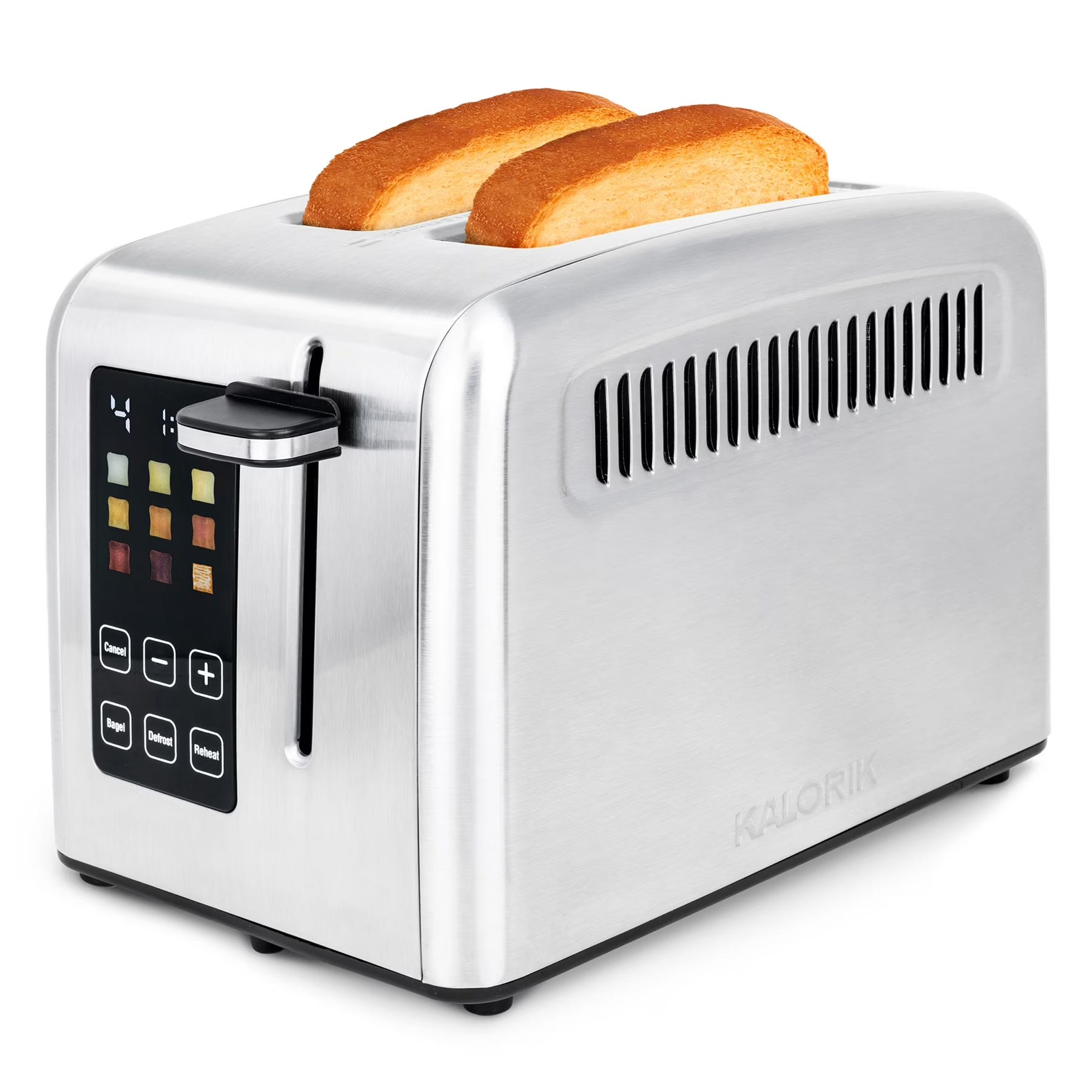A stainless steel toaster with two slices of toast, featuring digital controls, browning level indicators, and functions for cancel, defrost, and reheat.
