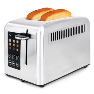 A stainless steel toaster with two slices of toast, featuring digital controls, browning level indicators, and functions for cancel, defrost, and reheat.