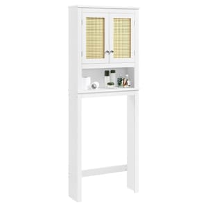 White over-the-toilet storage cabinet with rattan-style doors, featuring a shelf holding toiletries and toilet paper.