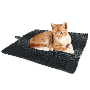 Orange tabby cat lying on a rectangular, black, leopard-print mat with a hanging loop.