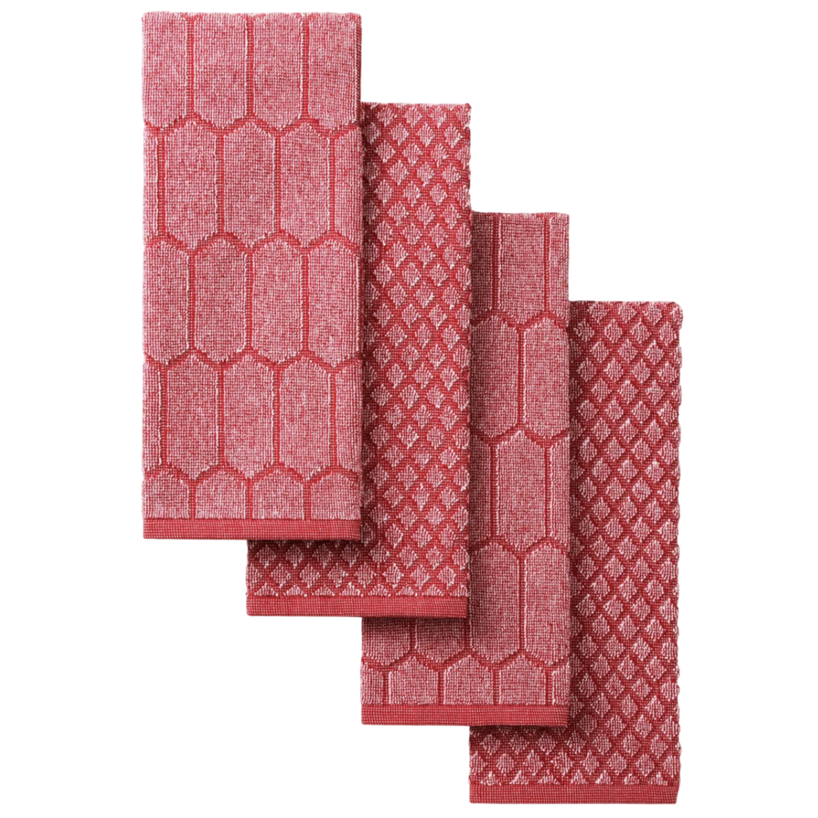 Four red woven towels featuring two different geometric patterns: a hexagonal design and a diamond motif.