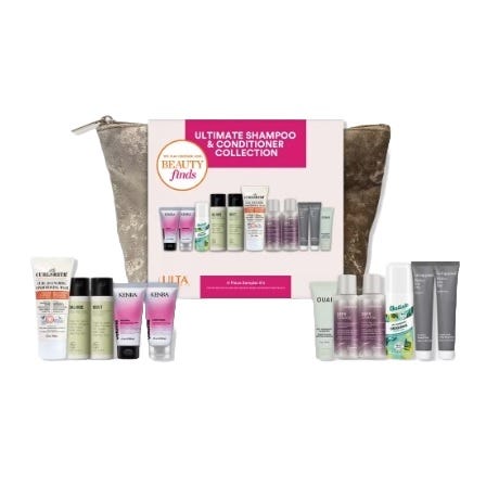 The Ulta Hair Care Set includes various travel-sized shampoo and conditioner samples from different brands, all contained within a decorative cosmetic bag.
