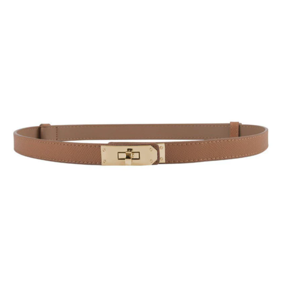 A tan leather belt with gold-tone hardware featuring a distinctive clasp design.