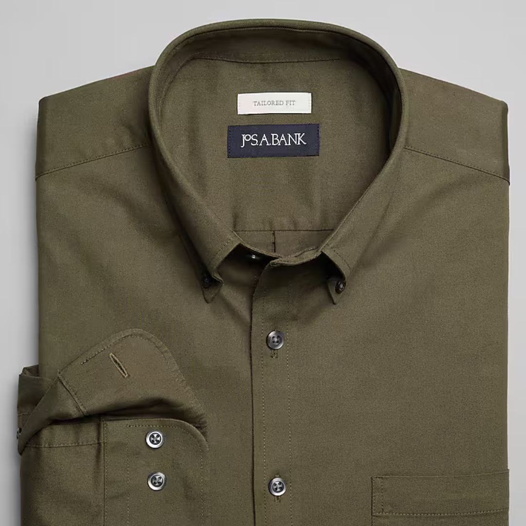 Olive green tailored fit dress shirt with a button-down collar and a chest pocket.