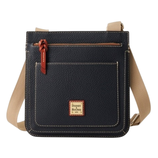 A black leather crossbody bag with tan adjustable strap, front pocket, and a zipper closure. It features a red leather zipper pull and a small, square logo patch on the front. Versatile and practical design.