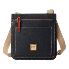 A black leather crossbody bag with tan adjustable strap, front pocket, and a zipper closure. It features a red leather zipper pull and a small, square logo patch on the front. Versatile and practical design.