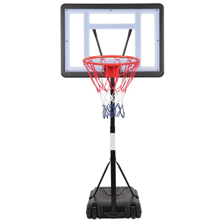 Portable basketball hoop with a red and blue net, adjustable height, and a sturdy base suitable for use in driveways or backyards.