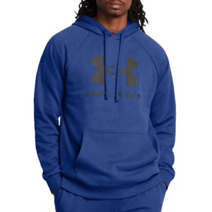 The Under Armour Rival Fleece Logo Hoodie is a blue sweatshirt with a large black Under Armour logo on the front. It features a drawstring hood and a front kangaroo pocket for a casual and comfortable fit.