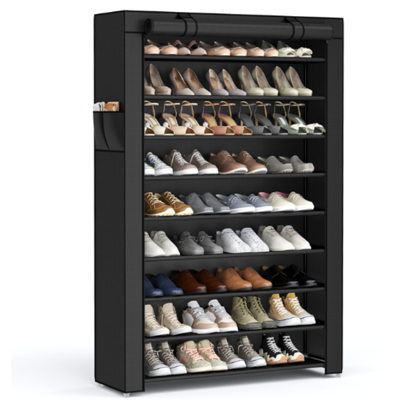 A tall, black shoe rack with multiple shelves holds various types of shoes, including sneakers, heels, and casual footwear.