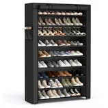 A tall, black shoe rack with multiple shelves holds various types of shoes, including sneakers, heels, and casual footwear.