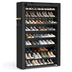 A tall, black shoe rack with multiple shelves holds various types of shoes, including sneakers, heels, and casual footwear.