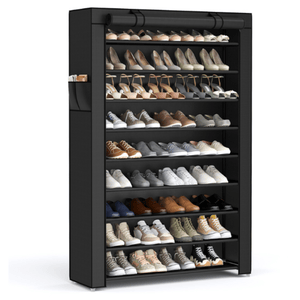 A tall, black shoe rack with multiple shelves holds various types of shoes, including sneakers, heels, and casual footwear.