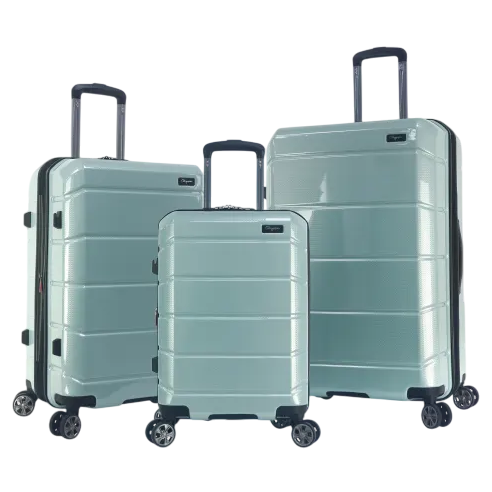 Set of three mint green hard-shell suitcases with telescopic handles and four-wheel spinners.