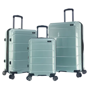 Set of three mint green hard-shell suitcases with telescopic handles and four-wheel spinners.