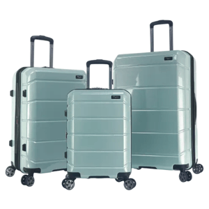 Set of three mint green hard-shell suitcases with telescopic handles and four-wheel spinners.