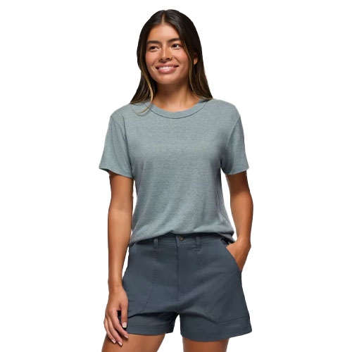 The Prana Cozy Crew is a casual short-sleeve t-shirt made from a soft, lightweight fabric, shown in a light gray color. It features a classic crew neckline and a relaxed fit.