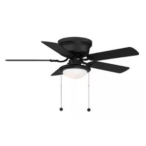Black ceiling fan with five blades, integrated dome light, and two pull chains for operation.