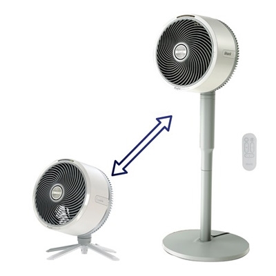 A white Shark FlexBreeze fan with a circular head design, showcasing both tabletop and adjustable-height stand configurations, and a remote control.
