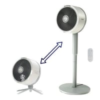 A white Shark FlexBreeze fan with a circular head design, showcasing both tabletop and adjustable-height stand configurations, and a remote control.