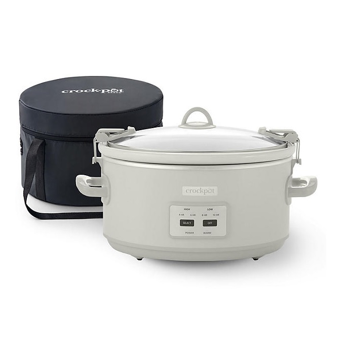 A Crock-Pot slow cooker with a white exterior, alongside its black carrying case. The controls indicate settings such as high, low, and warm.