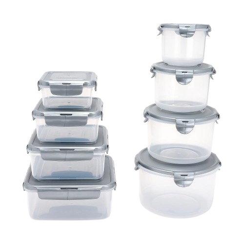 A set of transparent, airtight food storage containers with gray lids, consisting of five rectangular and four round containers, stacked separately.