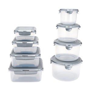 A set of transparent, airtight food storage containers with gray lids, consisting of five rectangular and four round containers, stacked separately.