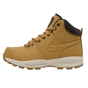 Tan high-top hiking boot with a dark padded collar, metal eyelets, and a white rugged sole.